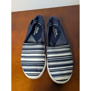 Clarks Cloudsteppers BREEZE STEP II Women 6.5 M Navy White Stripe Slip On LOAFER